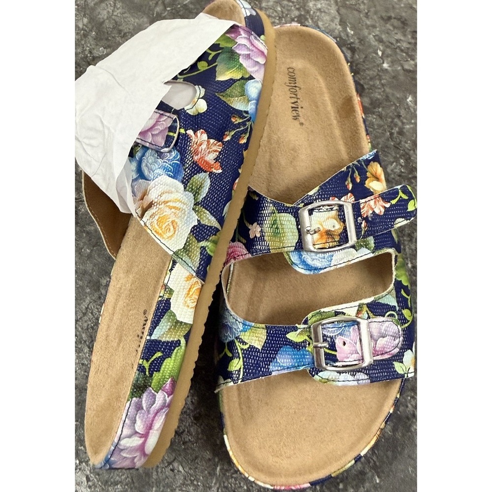 Comfortview The Maxi Comfort Footbed Buckle Slide Sandals Navy Floral 12WW NEW